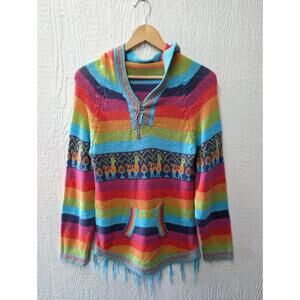 Handmade In Peru Llama Alpaca Wool Rainbow Long Sleeve Hooded Sweater Hippie Sm